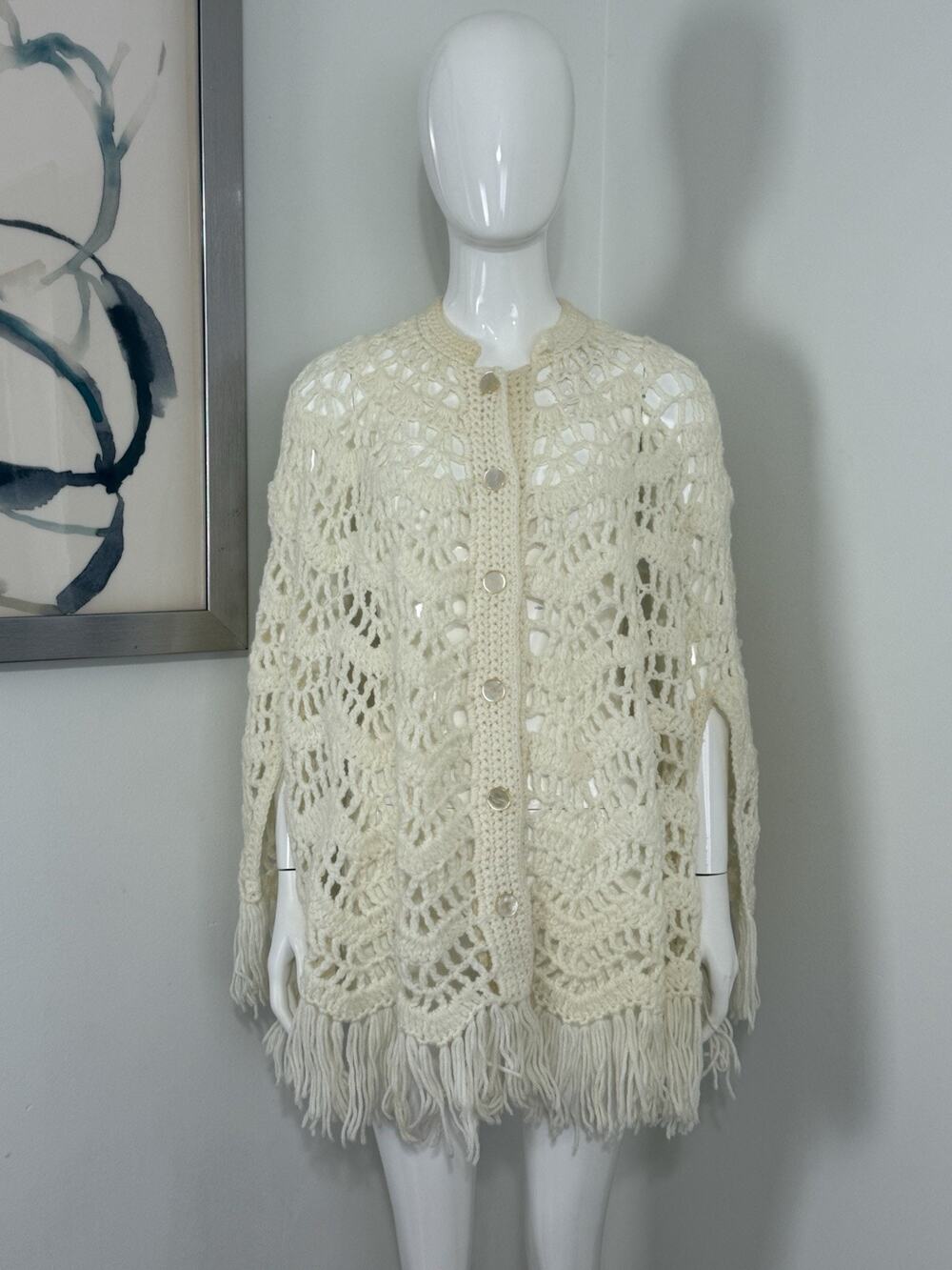 Handmade Crocheted Shawl Sweater Wrap Cape Coverup Ivory Cream Fringe Boho OS